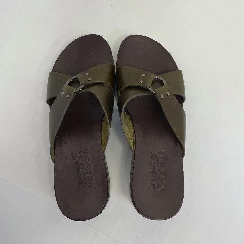 Timberland Sandals Women’s Sz 7.5 Olive Green Leather Strap Slides Smart Comfort